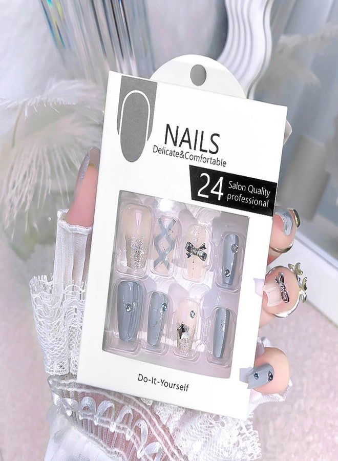 RikView Coffin Press on Nails Long Fake Nails Blue Nails with Design Glossy Full Cover Nails for Women 24 PCs/Set - Image 4